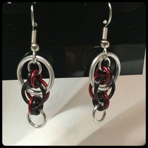 Chainmail earrings - red, black, & silver